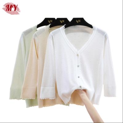 China Anti-wrinkle Women Summer New Knitted Coat Slim V-Neck Three-Quarter Sleeve Short Top Cardigan for sale