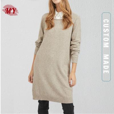 China Custom Anti-Wrinkle Yarn Dyed Plain Long Sleeve Sweater Dress Round Neck Loose Design Midi Knit Dress For Women for sale