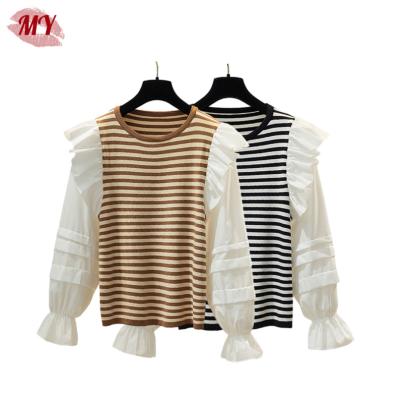 China Anti-Wrinkle Women Spring Spring Knit Top Patchwork Ruffled Flare Sleeves Soft Shirt for sale