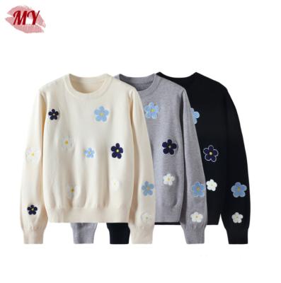 China New Spring Women Anti-wrinkle Soft Crewneck Sweater Top Floral Embroidery Knit Pullover Factory Customization for sale