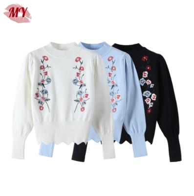 China Anti-wrinkle Women New Vintage Embroidery Sweater Stand Collar Leg Sleeve Floral Fashion Knit Tops for sale