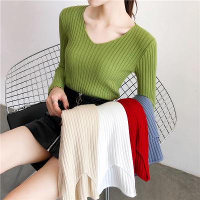 China Anti-pilling Casual V-Neck Ribbed Knit Tops Autumn Knitwear Jumper For Women Solid Slim Fit Sweater Long Sleeve Pullover for sale