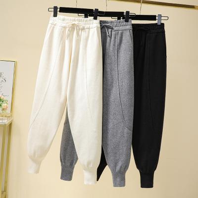 China Anti-wrinkle Women Winter Patchwork Solid Knitted High Waist Shim Slacks Drawstring Knit Harem Pants Trousers for sale