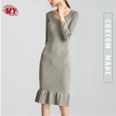 China Anti-Wrinkle DA Lang Manufacturer Custom Soft Ruffled V-Neck Sweep Midi Knitted Dress for sale