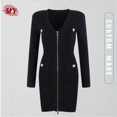 China Anti-Wrinkle Women Zipper Front Summer Mini Summer Slim Cavity Dress Elegant Long Sleeve Knitted Bodycon Dress for sale