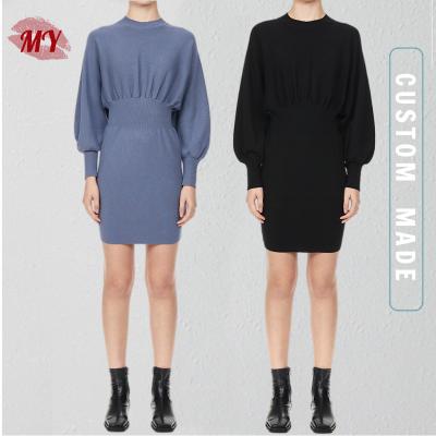 China Anti-Wrinkle Spring Autumn Women Lantern Sleeve Jumper O Neck Pinch Waist Knitted Sweater Mini Dress for sale