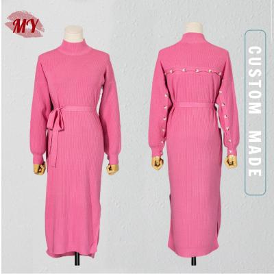 China Anti-Wrinkle Women Casual Sash Stand Collar Knitted Dress Side Split Rib Knit Sweater Midi Dress for sale