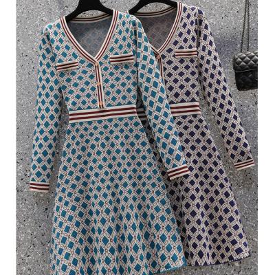 China Anti-Wrinkle Women Autumn Midi Sweater Dress Knitted Vintage V-Neck Geometric Button Dress for sale