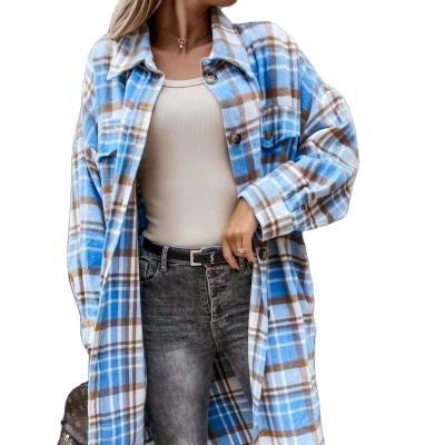 China Fashion lapel shirt long plaid shirt 2021 autumn new viable casual border women cardigan for sale