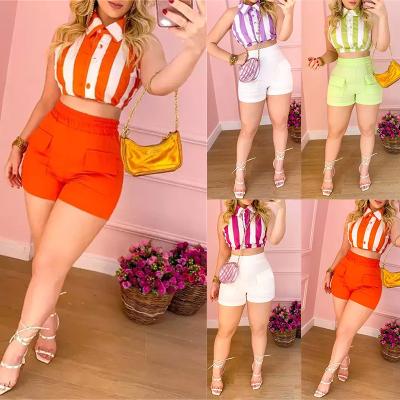 China Women's Breathable Striped Lapel Cropped Sleeveless Shirt High Waist Shorts Casual Suit for sale