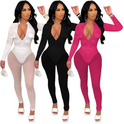 China Sexy Deep V Neck Mesh Bodysuits Two Piece Set Women Breathable Sheath Long Tops And Pant Overalls for sale