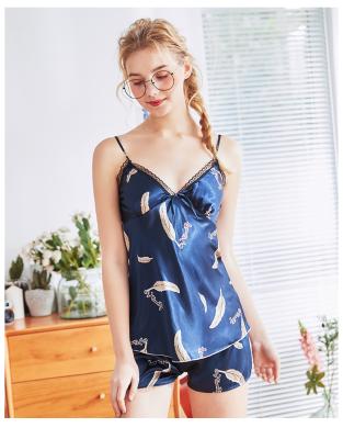 China High Quality QUICK DRY Polyester Pajamas Two Piece Short Pants Ice Silk Sleeveless Women Pajamas Summer for sale