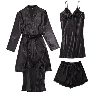 China European and American ice morning long dress home silk nightgown female lace thermal silk summer four-piece nightgown nightgown home silk robes four-piece for sale