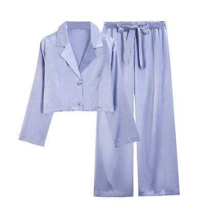 China High Quality Breathable Polyester Pajamas Two Piece Long Sleeve Long Pants Ice Silk Women Pajamas Customized for sale