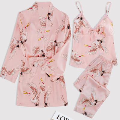 China Wholesale QUICK DRY Polyester Three Piece Pajamas Long Sleeve Long Pants Ice Silk Women Pajamas Customized for sale