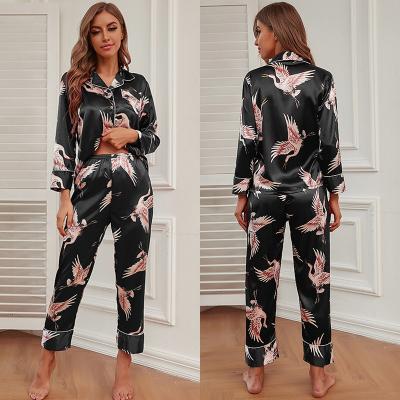 China 2021New Design Polyester QUICK DRY Pajamas Two Piece Long Sleeve Pants Ice Silk Women Pajamas Customized for sale