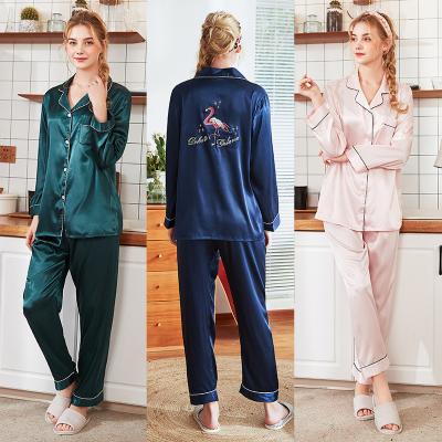 China 2021 New Design Women Polyester Pajamas Long Sleeve Two Piece Ice Silk QUICK DRY Pajamas Customized for sale