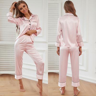 China QUICK DRY High Quality Two Piece Long Sleeve Ice Silk Pajamas Polyester Women Pajamas Customized for sale