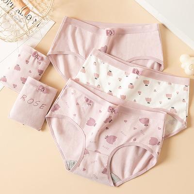 China Beautiful medium waist women's pure cotton student underwear breathable briefs bow traceless printed soft girl's underwear for sale