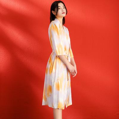 China 2021 New Design Polyester Summer Sleepwear Breathable Three Quarter Sleeve Women Skin-friendly Long Dress for sale