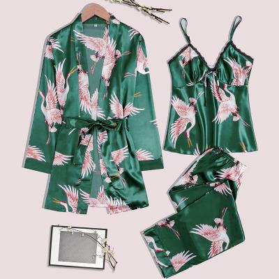 China TIKTOK Hot Popular Thermal Satin Pajamas Printed Ladies Long Sleeve Ice Silk 3 Piece Pijamas Set Sleepwear Wholesale for sale