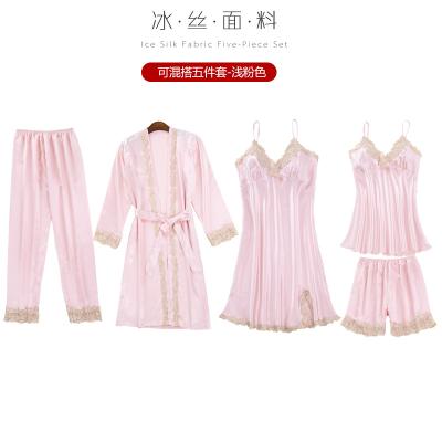 China Breathable Hot Selling Polyester Ice Silk Spring Women Summer Five-Piece Silk-friendly Pajamas for sale