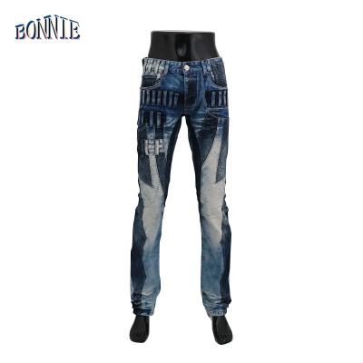 China Designer's Viable Wholesale Custom Fashion Blue Color OEM Men's Skinny Ragged Motorcycle Jeans for sale