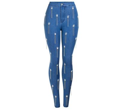 China High Waist Skinny Jeans Womens Skinny Stretch Beaded Tassel Jeans Pencil Pants for sale