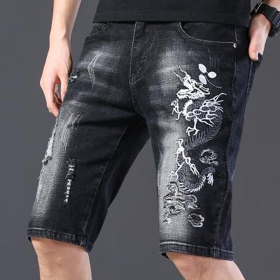 China Breathable Factory Embroidered Ripped Jeans Mens Shorts Dragon Mens Pants for sale