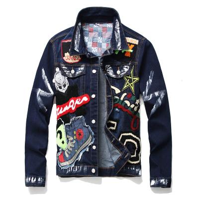 China New breathable men's thin denim jacket European and American layer denim paint badge beauty style long sleeve for sale