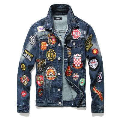 China Customization Breathable Men's Elastic Denim Coat With CLOTH BADGE Embroidery Lattice Slim Fit Jacket for sale