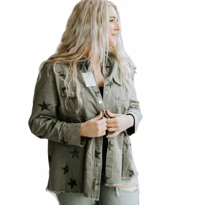 China Viable New Star Printed Women's Long Jacket Female Loose Coat Button Casual Denim Jacket With Pocket for sale