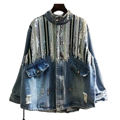 China Wholesale Breathable Sequins Long Sleeve Drawstring Cotton Women Oversized Denim Jacket for sale