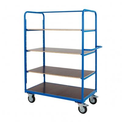 China Disassembled Heavy Duty Warehouse Steel 4 Tier Adjustable Height Plywood Platform Shelf Trolley for sale