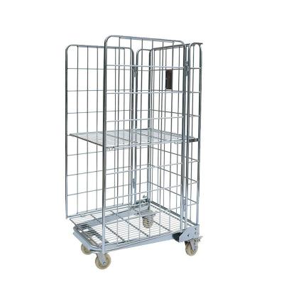 China Collapsible Steel Warehouse Galvanizing Wire Collapsible 3 Sided Collapsible Roll Tainer Carts for sale