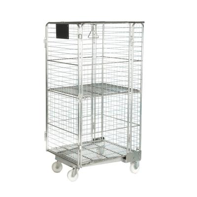 China Collapsible Warehouse Galvanized Nesting Steel 4 Sides Collapsible Roll Cage Cart With Shelves for sale