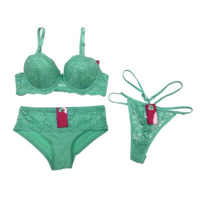 China Sustainable Women's Bra Sets And Women Lingerie 3 Piece Stock Underwear Set for sale