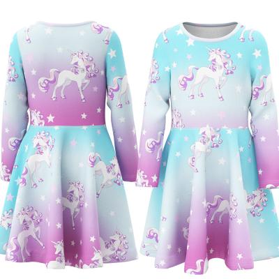 China Girls Clothing Customizable Breathable Round Neck Unicorn Cartoon Painting Long-Sleeved Casual Dress Good Quality for sale