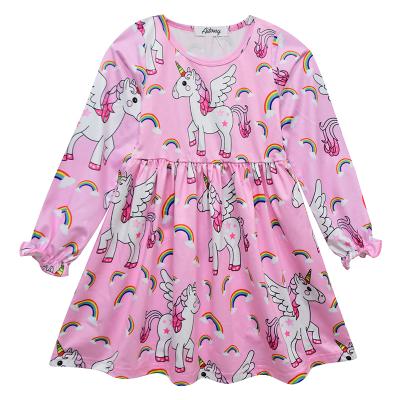 China Customizable Rainbow Unicorn Long Sleeve Beautiful Comfortable Breathable Promotion Dress Girls Clothing Dress for sale