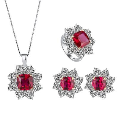 China FASHIONABLE Hot Selling Jewelry S925 Flower Jewelry Set Artificial Red Red Ring Earring Pendant Set for sale