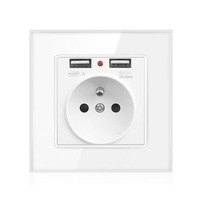 China Other Type 86 European Standard With Dual Usb16a French Standard Tempered Glass Wall Power Socket White for sale