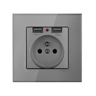 China Other Type 86 European Standard With French Standard Double Usb16a Tempered Glass Wall Power Socket Gray for sale