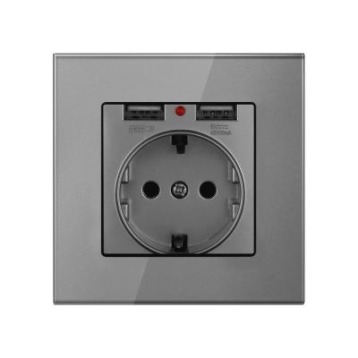 China Other Type 86 European Standard With German Standard Double Usb16a Tempered Glass Wall Power Socket Gray for sale