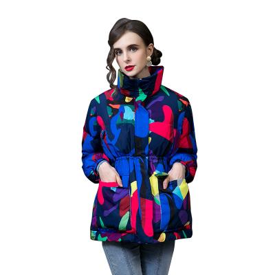 China 2021 winter fashion winter print medium neck thickened waist jacket white duck waterproof women new top down jacket for sale