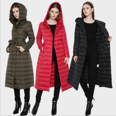 China Waterproof Down Jacket Womens Knee Length Ultra Slim Hooded Down Jacket for sale