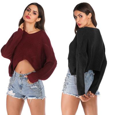 China Loose Open 2021 New V Neck Solid Color Navel Knitted Long Sleeve Bat Bottom Sweater For Women Cardigan Sweater Women for sale