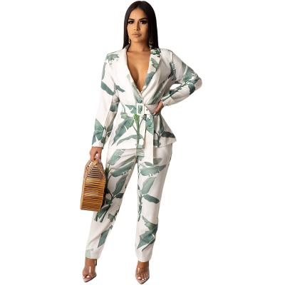 China high quality Anti-wrinkle design factory new printed V collar women suit set blazers for ladies lapel long sleeve coat suit for sale