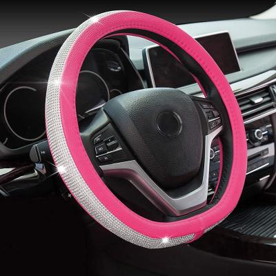 China Durable PU Leather Car Wheel Cover Rose Bling Rhinestone Auto Steering Wheel Cover for sale