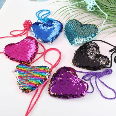 China Portable Coin Purse Women Waterproof Factory Rope Longs Heart Shaped Wallet Sequin Lanyard Coin Purse Children Wholesale Small for sale