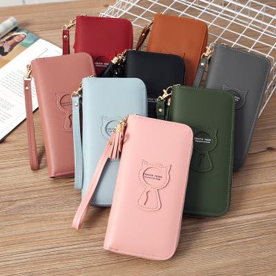 China New Lady Clutch Cat Bag Large Capacity Long waterproof wallets folding zipper ladies pinch multifunctional leather wallets for sale